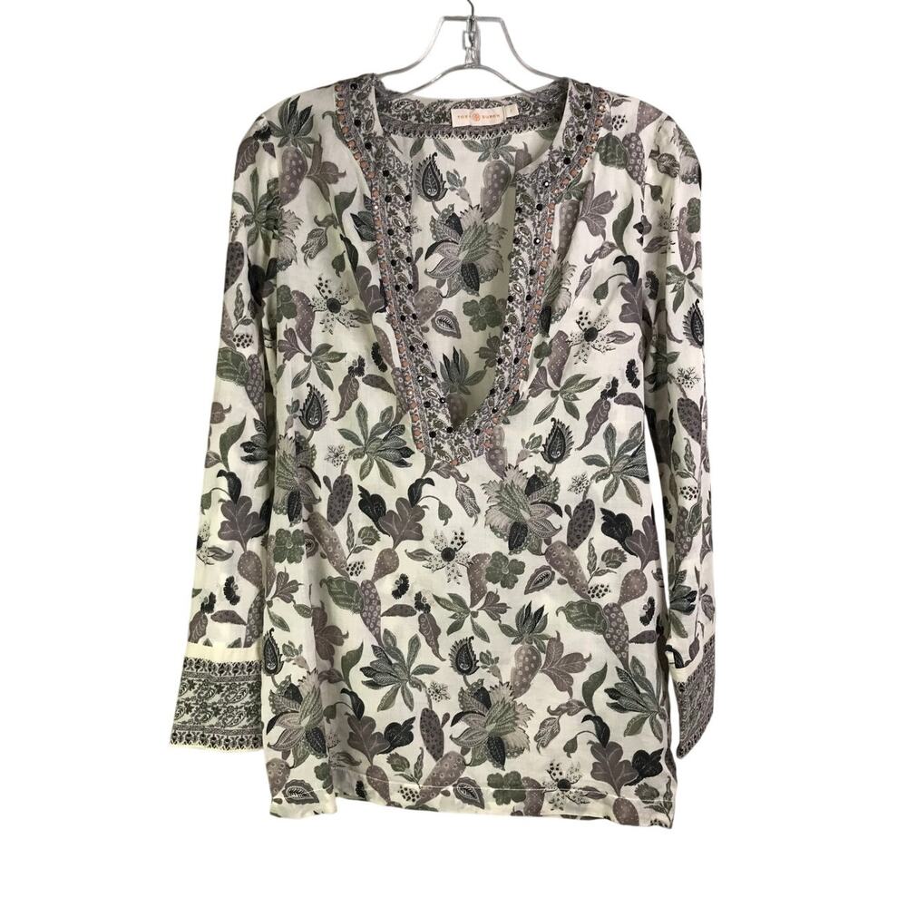 Tory Burch Embellished Botanical Print Tunic Blouse Size 2 Cream Deep V-Neck‎